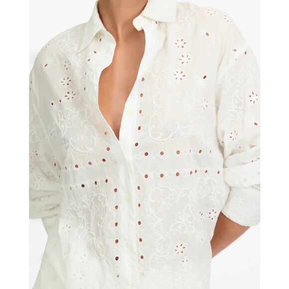Madewell Embroidered Oversized Button-Up Shirt Womens L White Eyelet Long Sleeve - Picture 3 of 8
